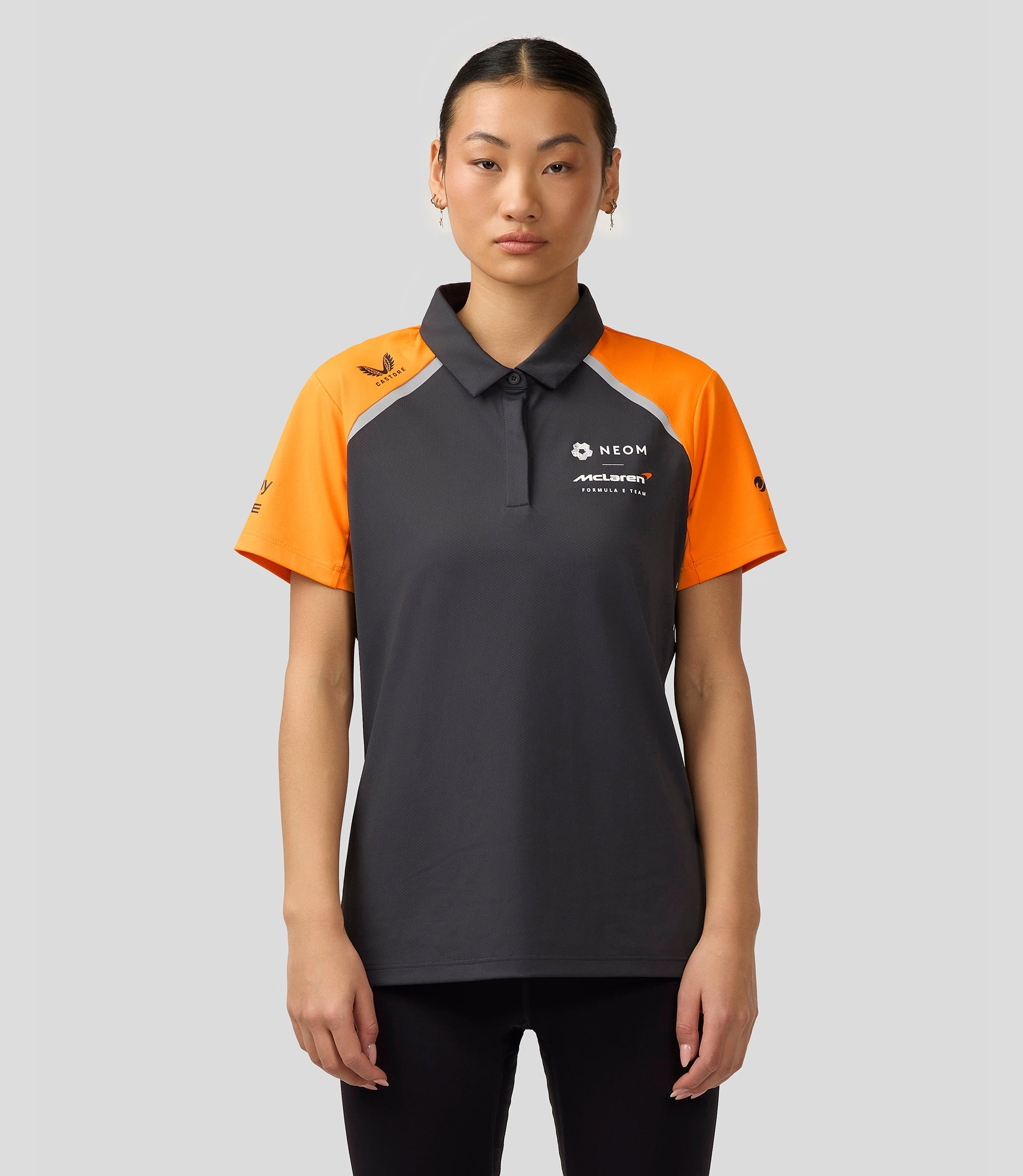 Official Womens McLaren Formula E Team Polo Shirt - Phantom/Papaya